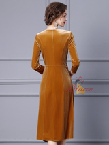 Yellow Velvet 3/4 Sleeve Mother Of The Bride Dress