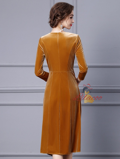 Yellow Velvet 3/4 Sleeve Mother Of The Bride Dress