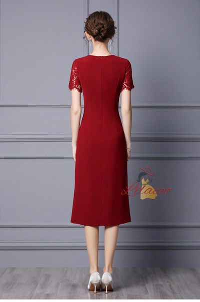 Burgundy Lace Short Sleeve Mother Of The Bride Dress