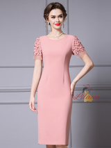Pink Scoop Short Sleeve Mother Of The Bride Dress
