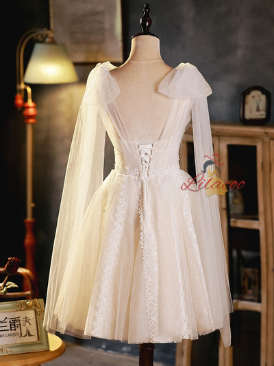 White Tulle Lace V-neck Homecoming Dress