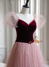Pink Tulle Burgundy Velvet Puff Sleeve Prom Dress