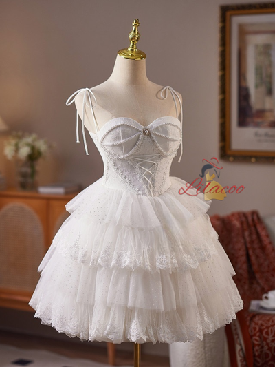 White Tulle Straps Lace Wedding Dress