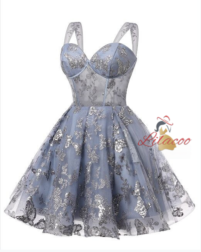 Sexy Gray Tulle Sequins Homecoming Dress