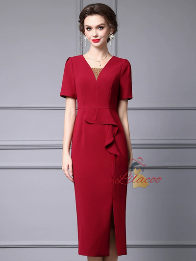 Red V-neck Beading Mother Of The Bride Dress