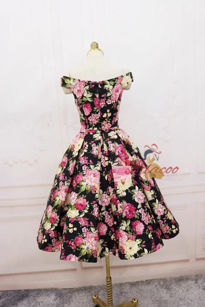 Black Satin Print Off the Shoulder Homecoming Dress