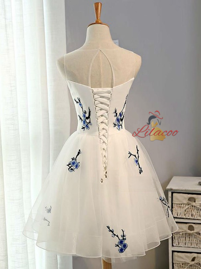 White Tulle Backless Appliques Homecoming Dress