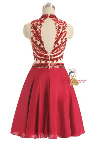 Red Chiffon Beading Crystal Homecoming Dress
