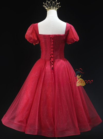 Burgundy Tulle Sequins Short Sleeve Homecoming Dress