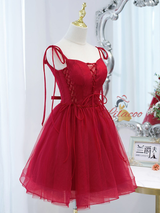 Burgundy Tulle Lace Beading Homecoming Dress