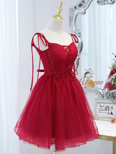 Burgundy Tulle Lace Beading Homecoming Dress