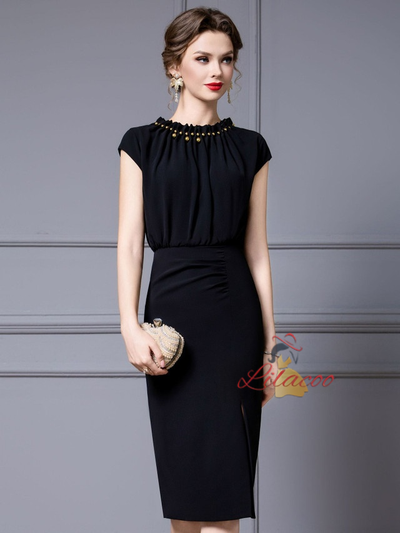 Black Cap Sleeve Split Mother Of The Bride Dress