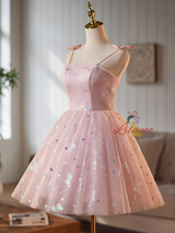 Pink Tulle Spaghetti Straps Homecoming Dress