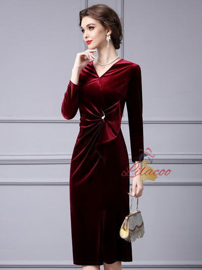 Burgundy Velvet V-neck Mother Of The Bride Dress