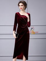 Burgundy Velvet Pleats Beading Mother Of the Brides Dress