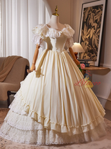 Vintage Champagne Satin Lace Short Sleeve Wedding Dress
