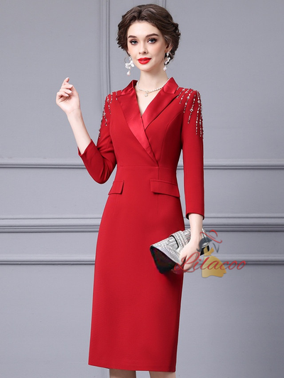 Red V-neck Beading Mother Of The Bride Dress