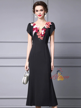 Black Cap Sleeve 3D Flower Mother of the Bride Dress