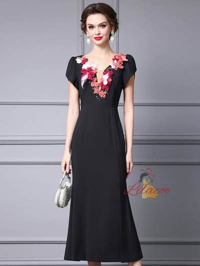 Black Cap Sleeve 3D Flower Mother of the Bride Dress