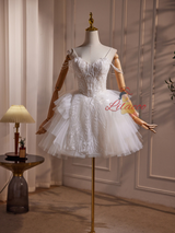 White Tulle Straps Beading Wedding Dress