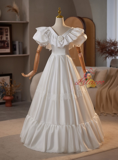 White Satin Lace V-neck Wedding Dress