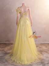 Yellow Tulle One Shoulder Beading Sequins Prom Dress