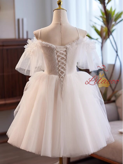 White Tulle Lace Spaghetti Straps Dress