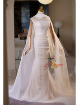 White Mermaid Tulle Pleats Wedding Dress