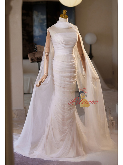 White Mermaid Tulle Pleats Wedding Dress