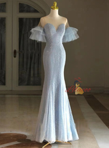 Blue Mermaid Sequins Tulle Short Sleeve Prom Dress