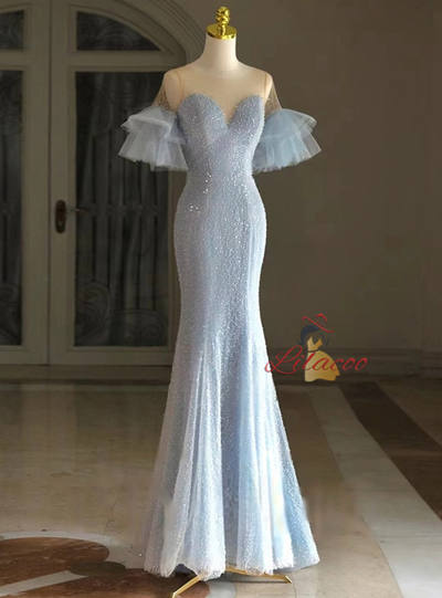 Blue Mermaid Sequins Tulle Short Sleeve Prom Dress