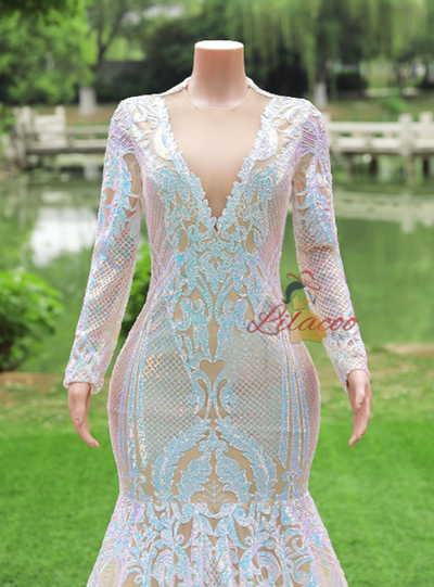 White Mermaid Sequins Long Sleeve Prom Dress