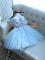 Blue Tulle Strapless Flower Homecoming Dress