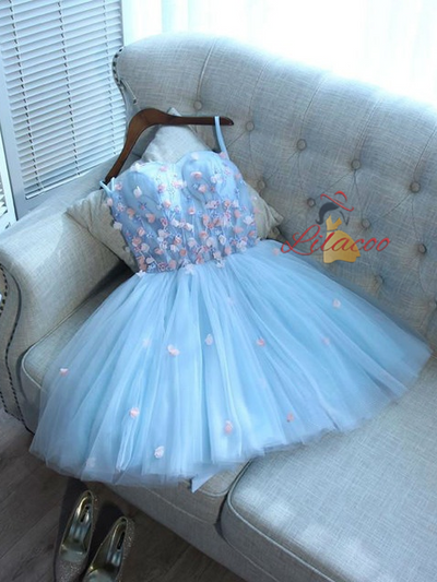 Blue Tulle Strapless Flower Homecoming Dress