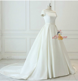 White Ball Gown Satin Backless Wedding Dress