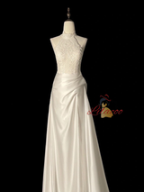 White Satin Lace Halter Wedding Dress