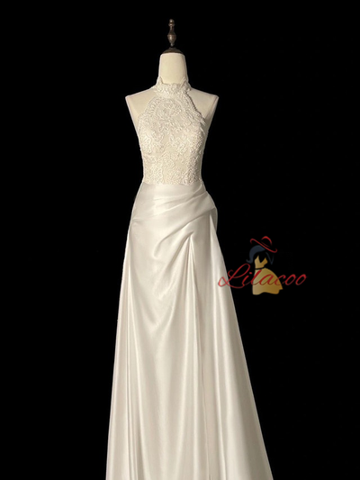 White Satin Lace Halter Wedding Dress