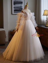 White Tulle Straps Lace Long Sleeve Wedding Dress