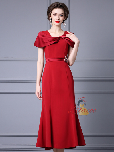 Red Pleats Beading Mother Of The Bride Dress