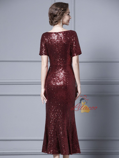 Burgundy Sequins Short Sleeve Mother Of The Bride Dress