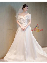 White Satin Off the Shoulder Pleats Wedding Dress