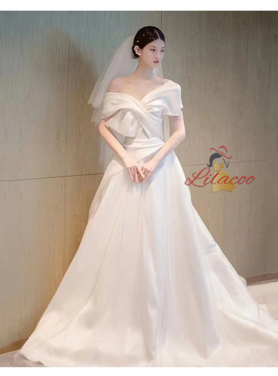 White Satin Off the Shoulder Pleats Wedding Dress