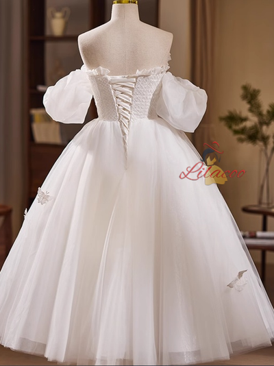 White Tulle Puff Sleeve Wedding Dress