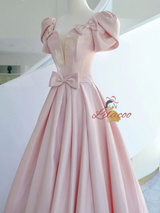 Pink Satin Puff Sleeve Bow Prom Dress