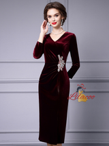Burgundy Velvet Long Sleeve Mother Of The Bride Dress