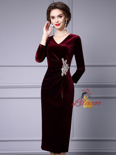 Burgundy Velvet Long Sleeve Mother Of The Bride Dress