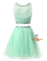 Green Tulle Two Piece Beading Homecoming Dress