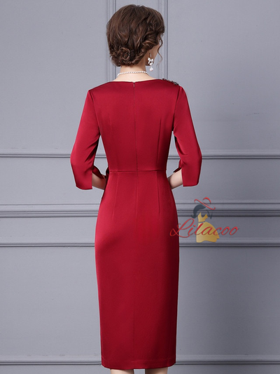 Burgundy Short Sleeve Beading Mother Of The Bride Dress