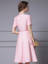 Pink Satin Short Sleeve Beading Mother Of The Bride Dress