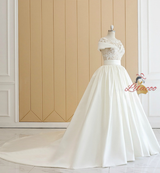 Beige White Satin Appliques Beading Wedding Dress